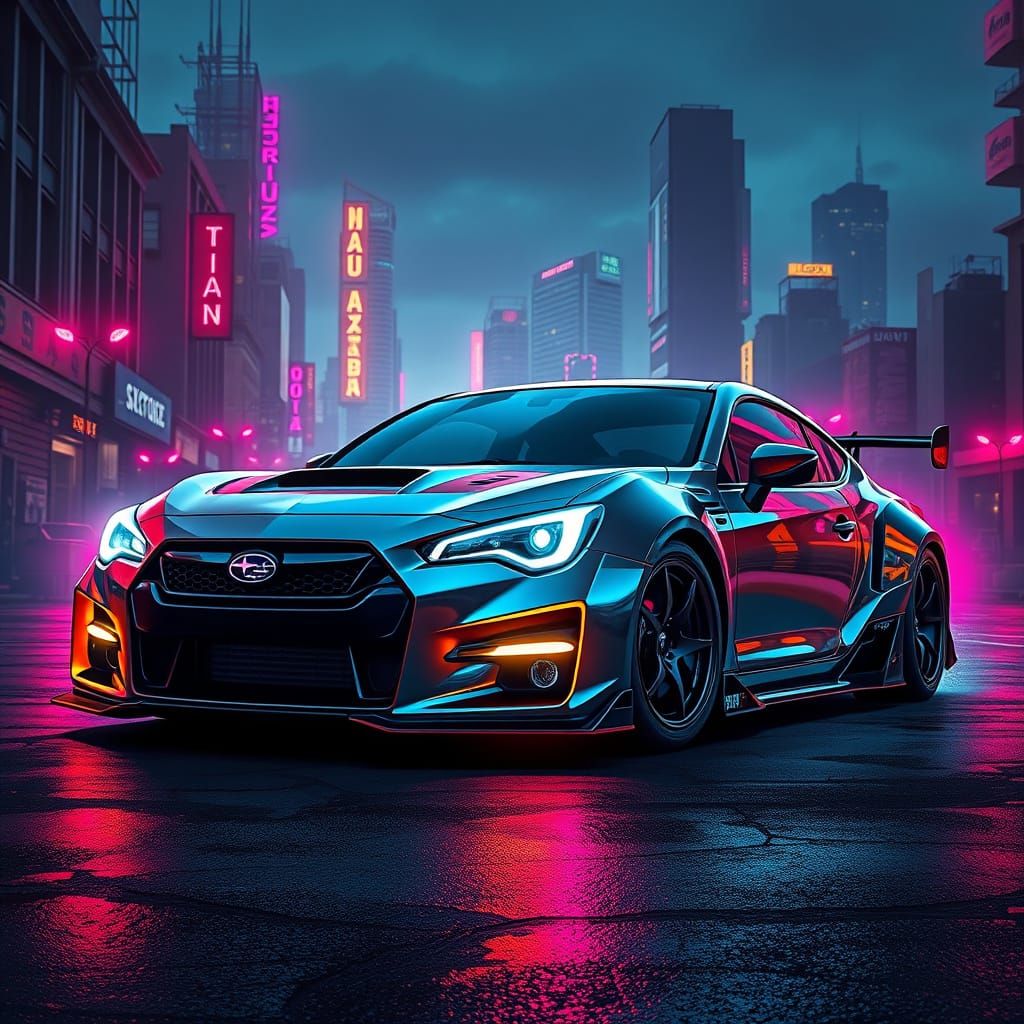Cyberpunk Subaru Sports Car in Neon-Lit Cityscape
