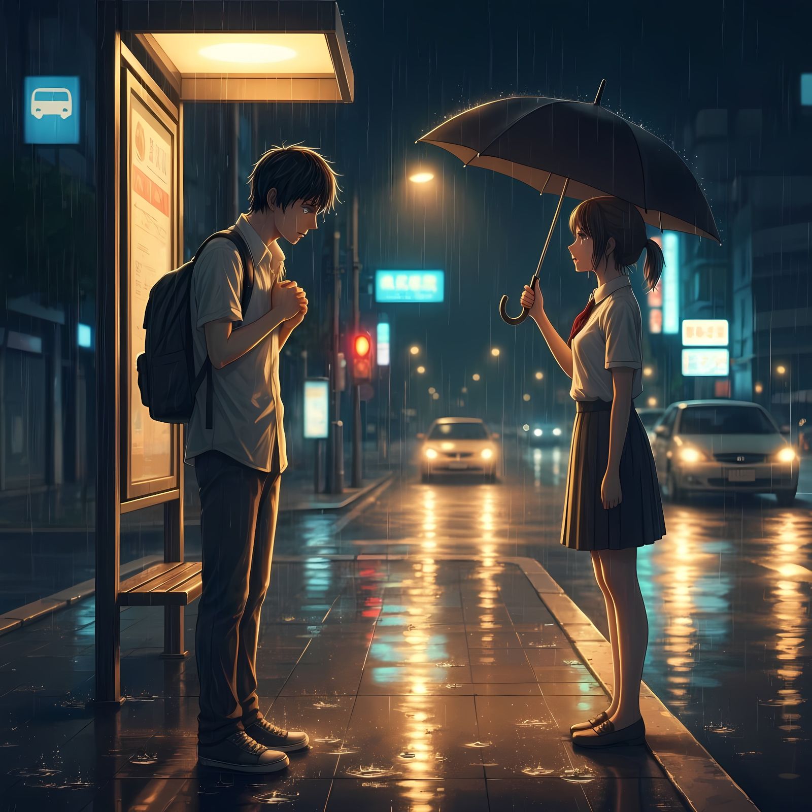 Rainy Night Reunion Under Umbrella