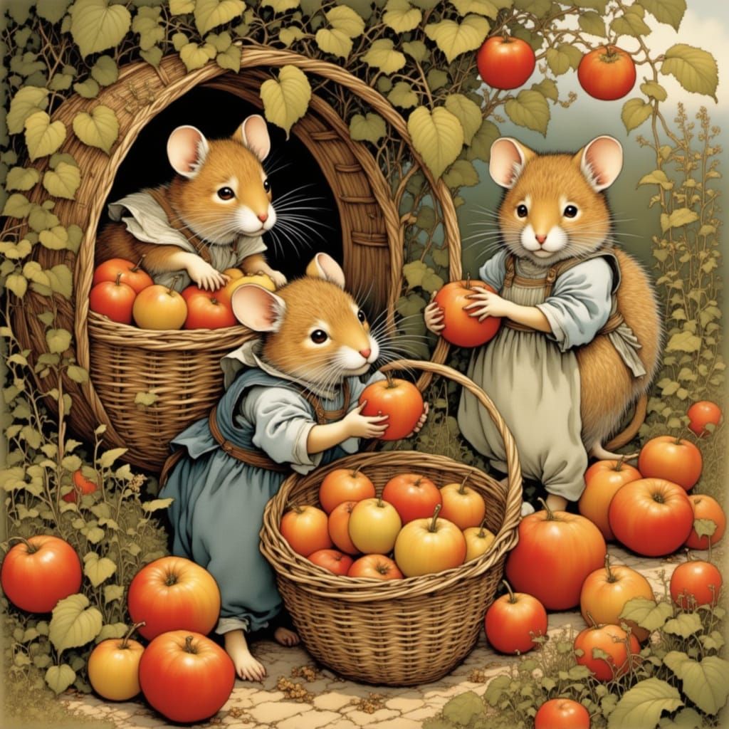 Cute Mouse Family Harvests Apples in Whimsical, Intricately ...