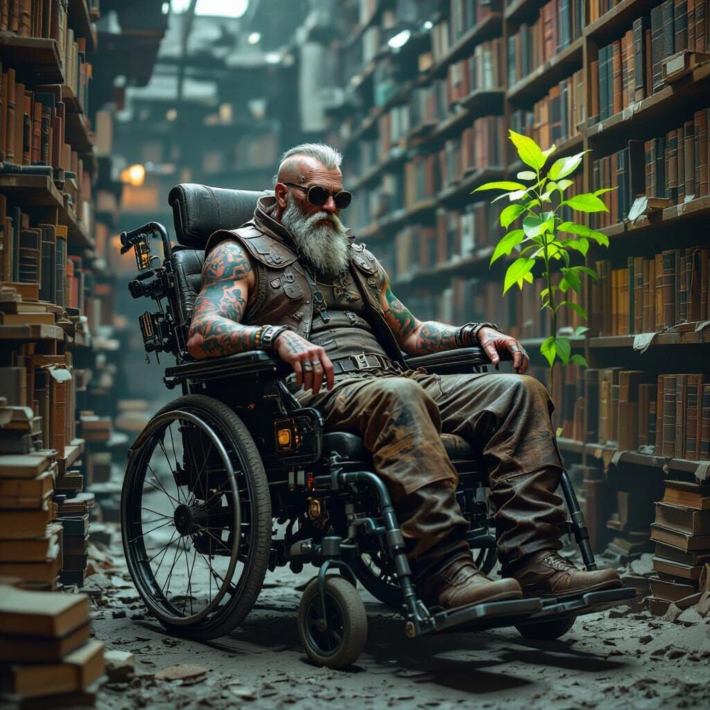 Post-Apocalyptic Librarian in Urban Grunge Style