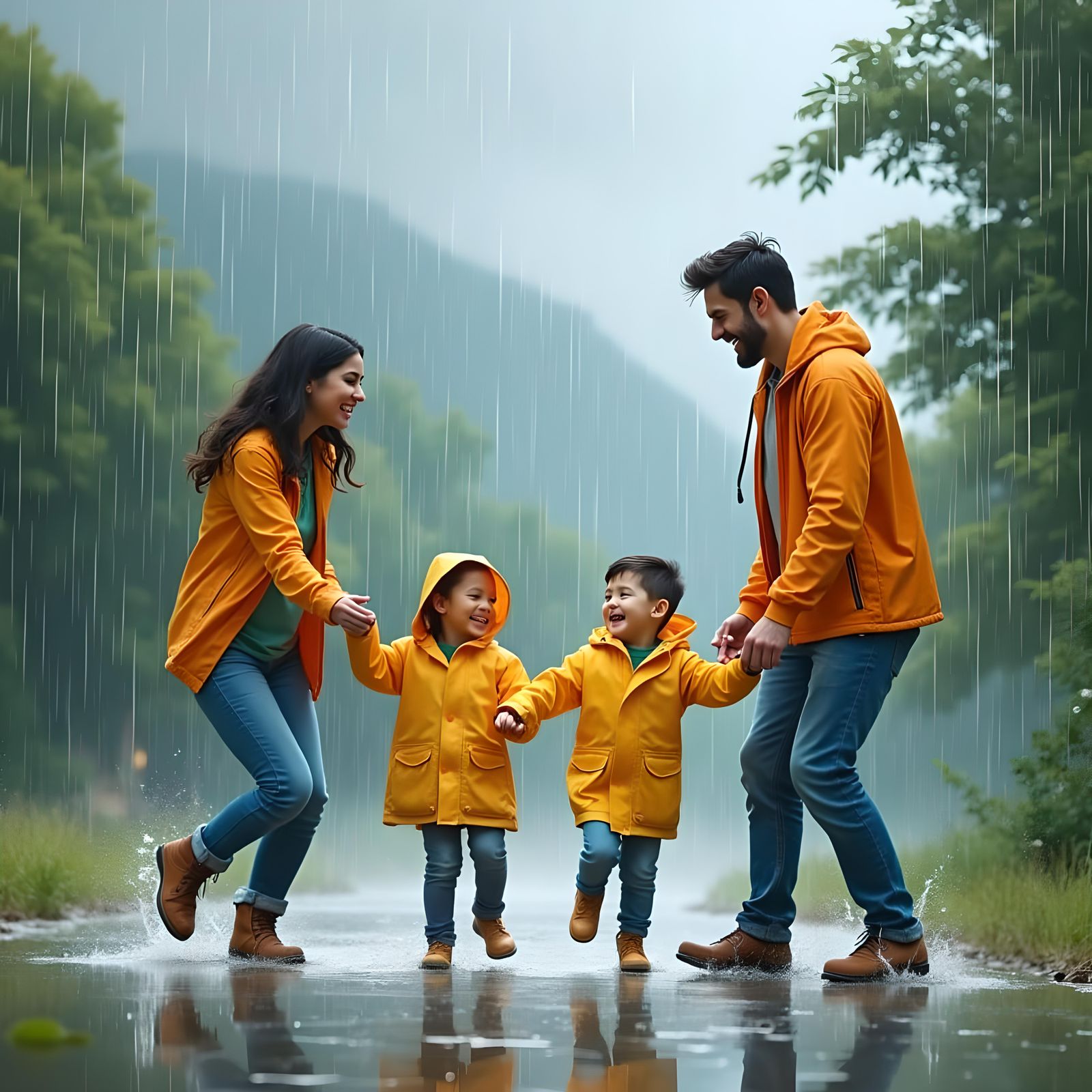 Ultra detailed picture of a family dancing in the rain and having fun. 8K resolution HDR.