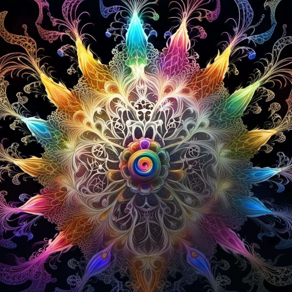 Rainbow Fractal Mandala in Gouache Style