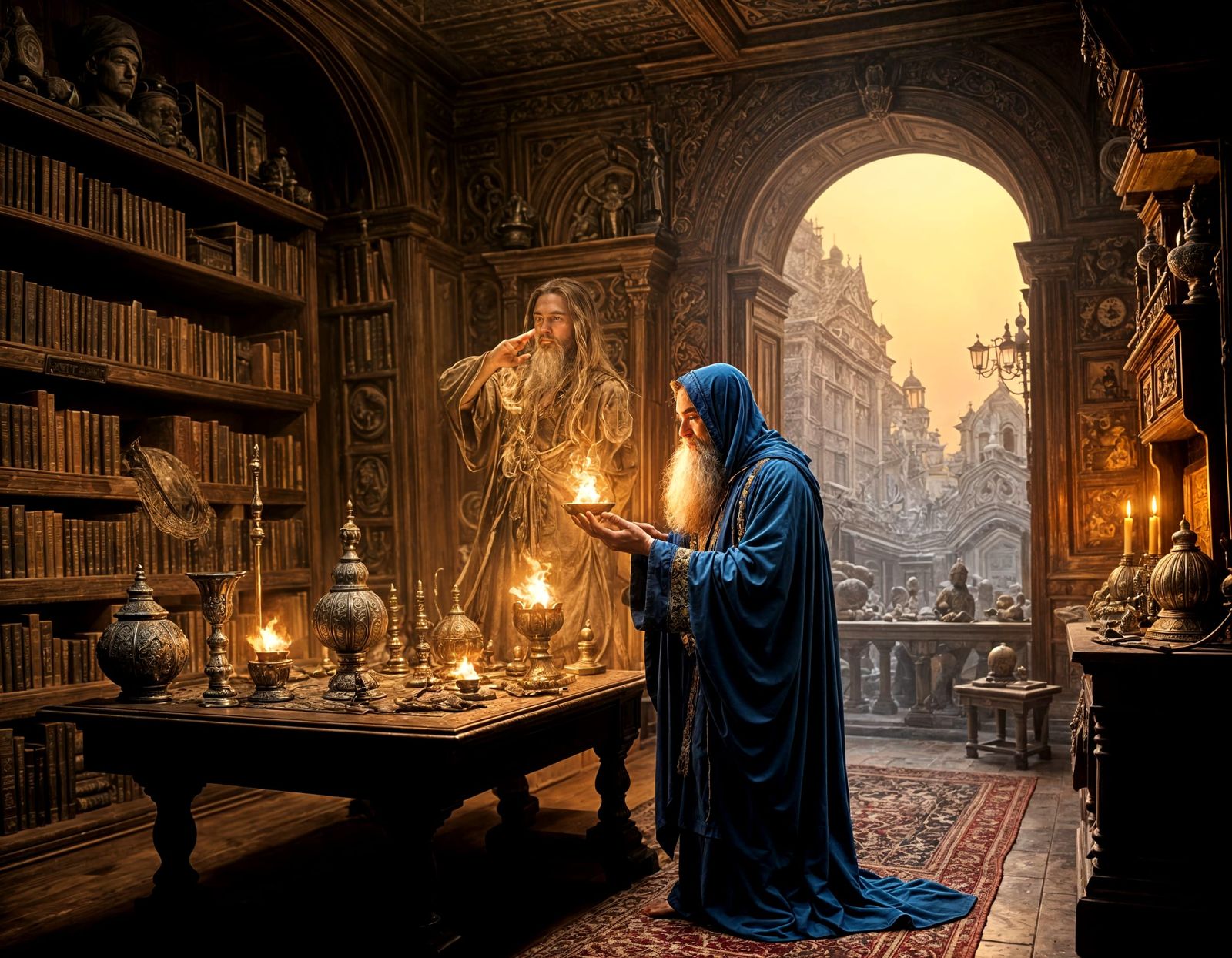 An old wizard training a telekinetic spirit to do his biddin...