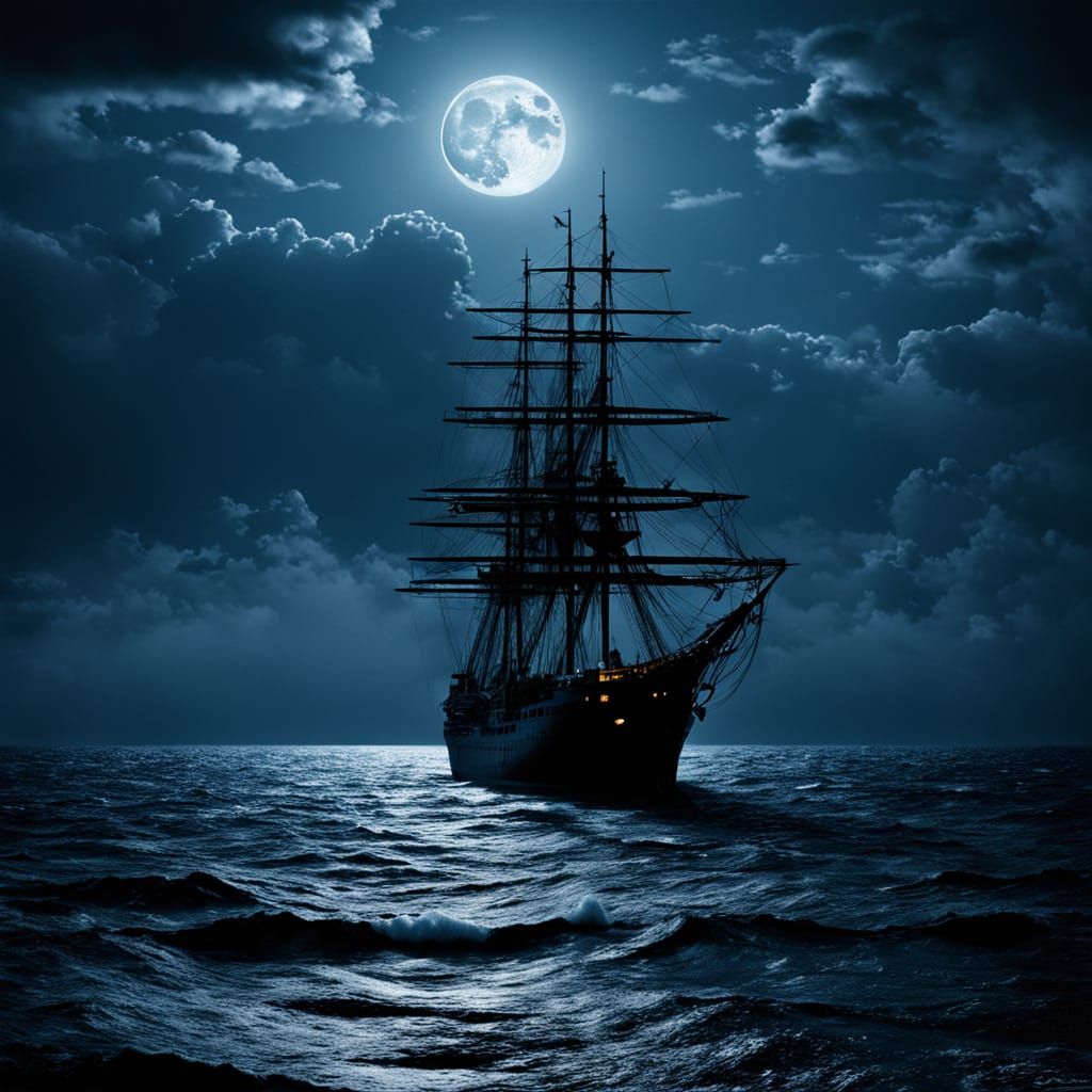 Mysterious Ocean Scene Under Full Moonlight