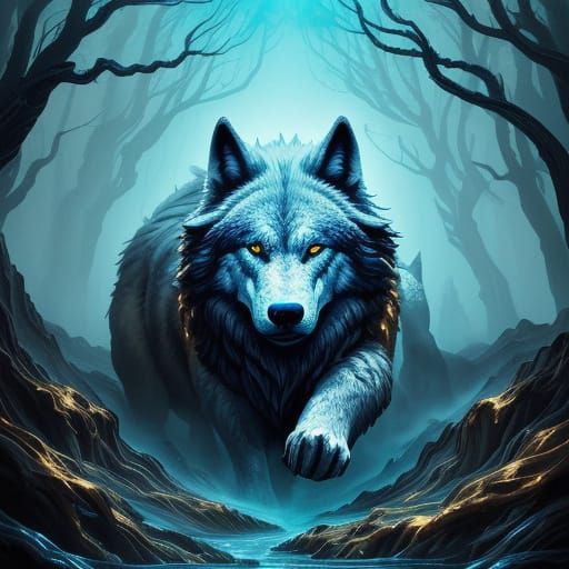 Surrealist Fenrir Breaks Free in Dreamlike Landscape
