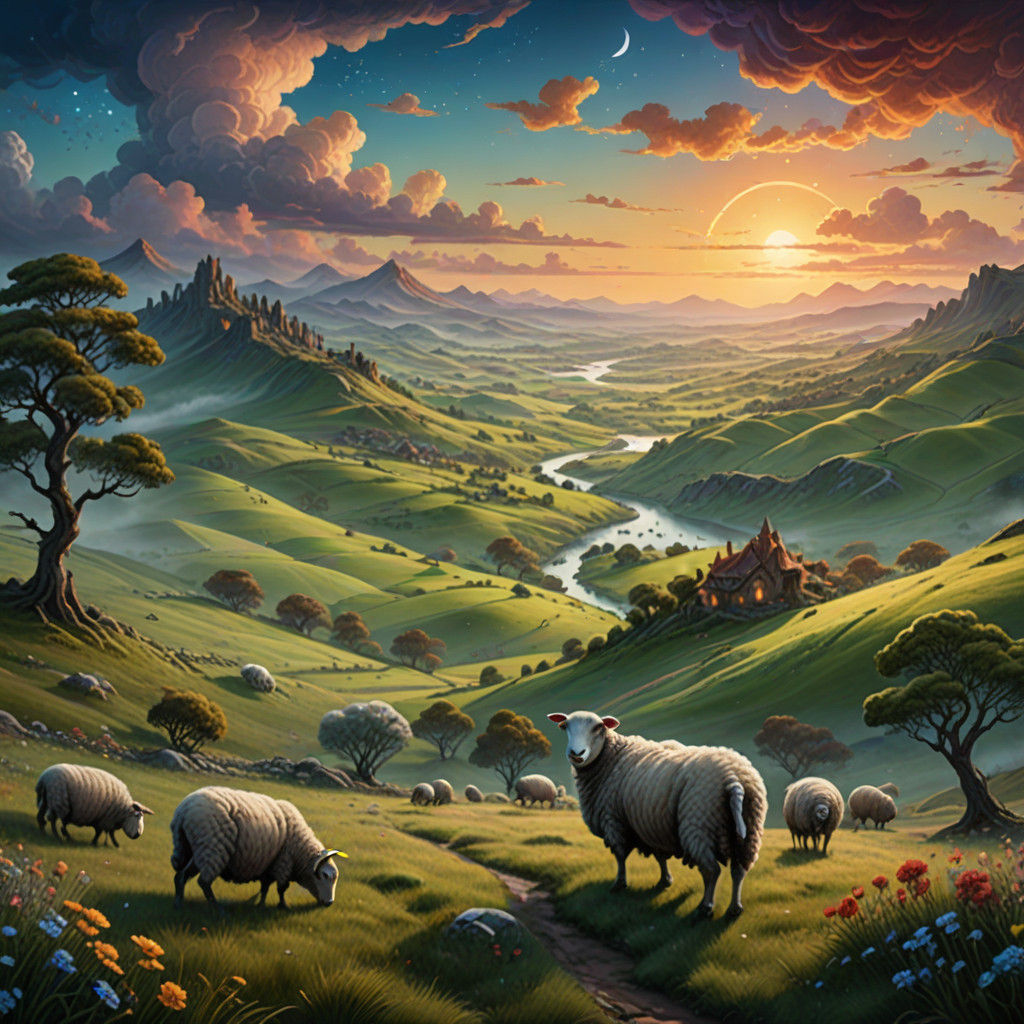 Ethereal Fantasy Realm with Grazing Sheep