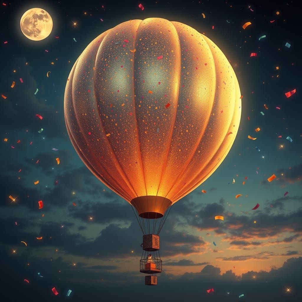 Surreal Moonlit Balloon Scene in Whimsical, Dreamy Style