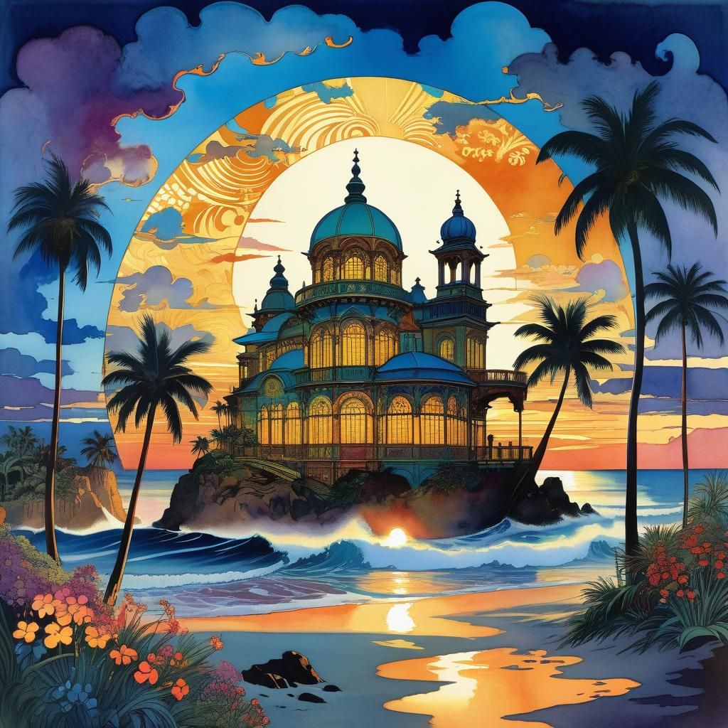 Tropical Beach Sunset in Watercolor Double Exposure Style