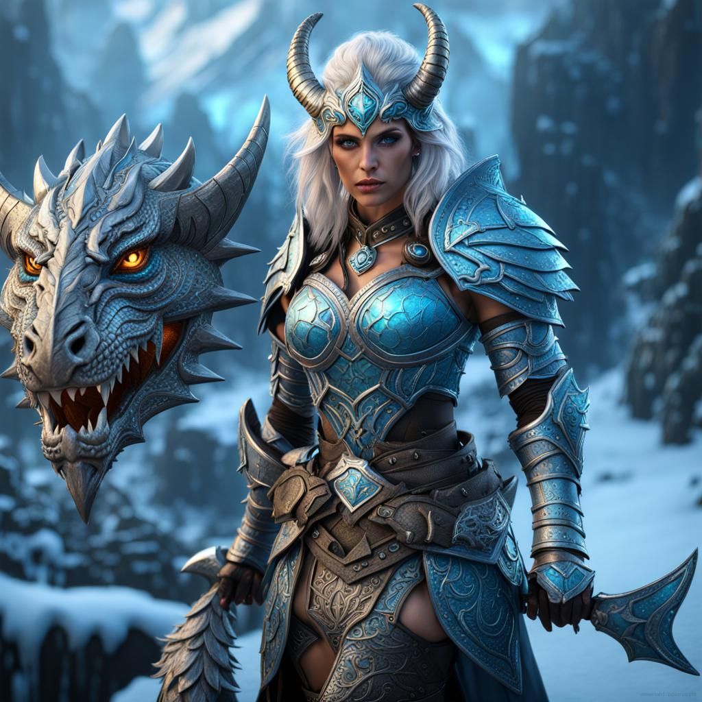 Icy Dragonborn Barbarian in Chrome Armor