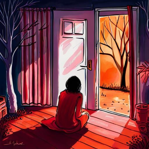 Ethereal Night: Girl on Porch in Neon Grunge Style