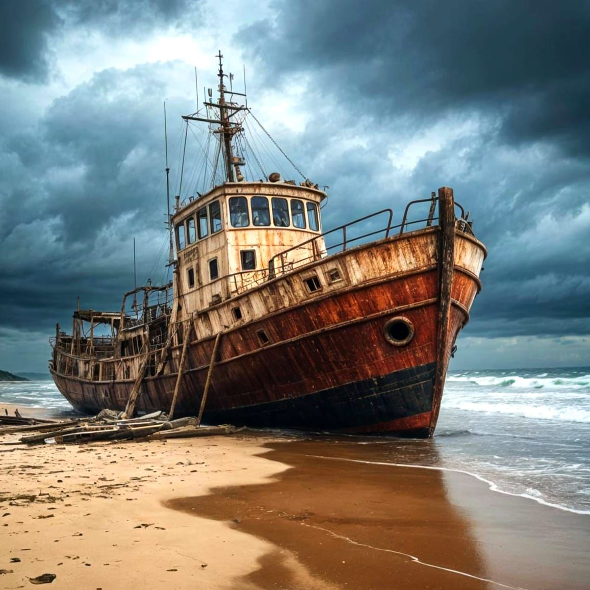 Surreal Trawler Wreck in Watercolour Wash