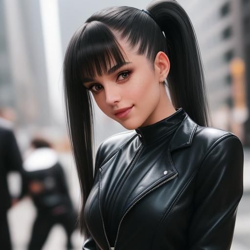 Brunette with Shaved Hair in Leather Suit