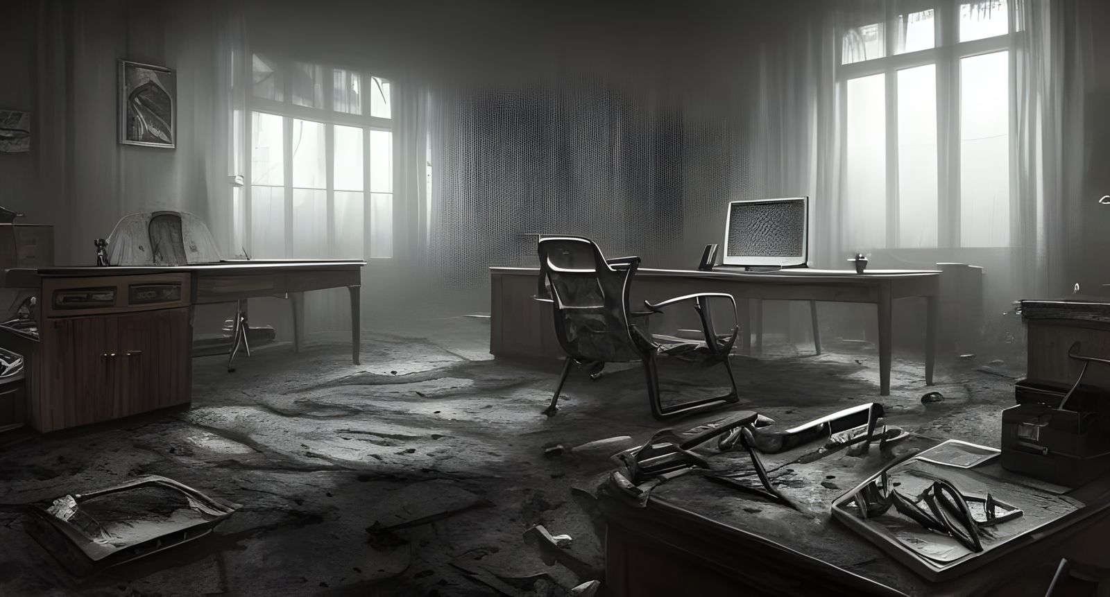 Dark Post-Apocalyptic Office in Hyper-Realistic Style