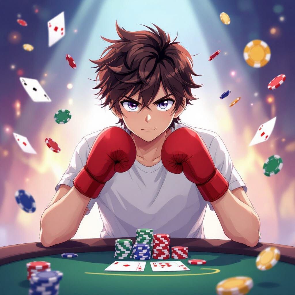 Anime Boxer in Dramatic Pose with Gambling Elements