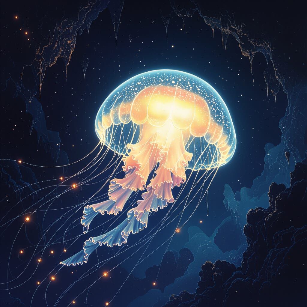 Bioluminescent Jellyfish in Ethereal Abyss Digital Painting