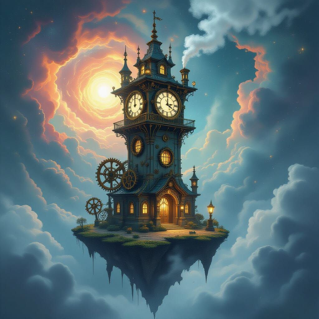 Whimsical Clockwork Tower on Floating Island in Nebula