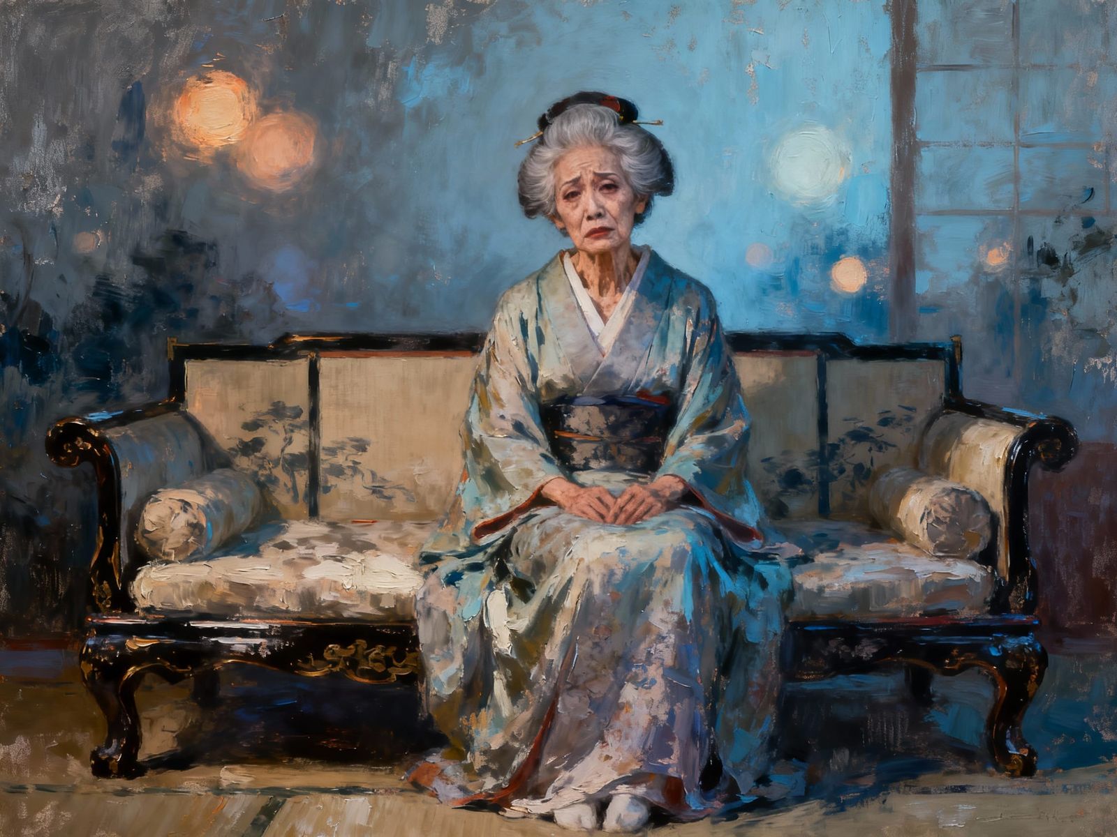 Elderly Transwoman Geisha Relaxing on Antique Couch