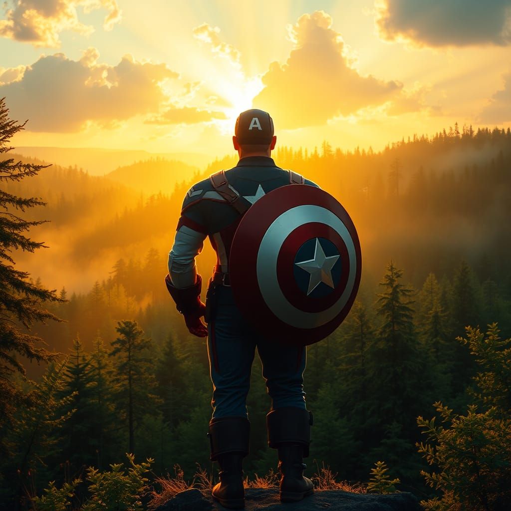 Captain America in Emerald Forest at Sunset