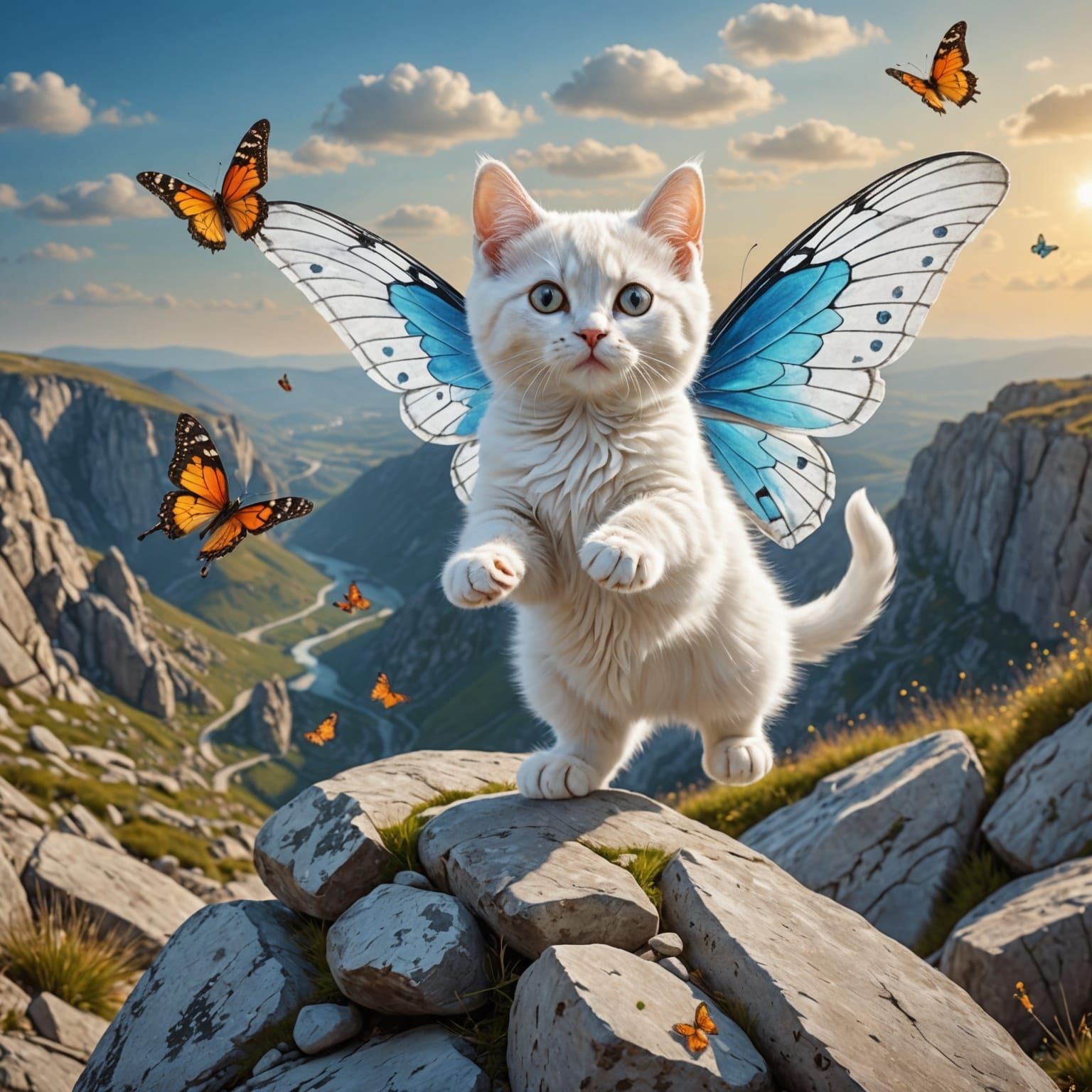 White Cat with Butterfly Wings in Flight
