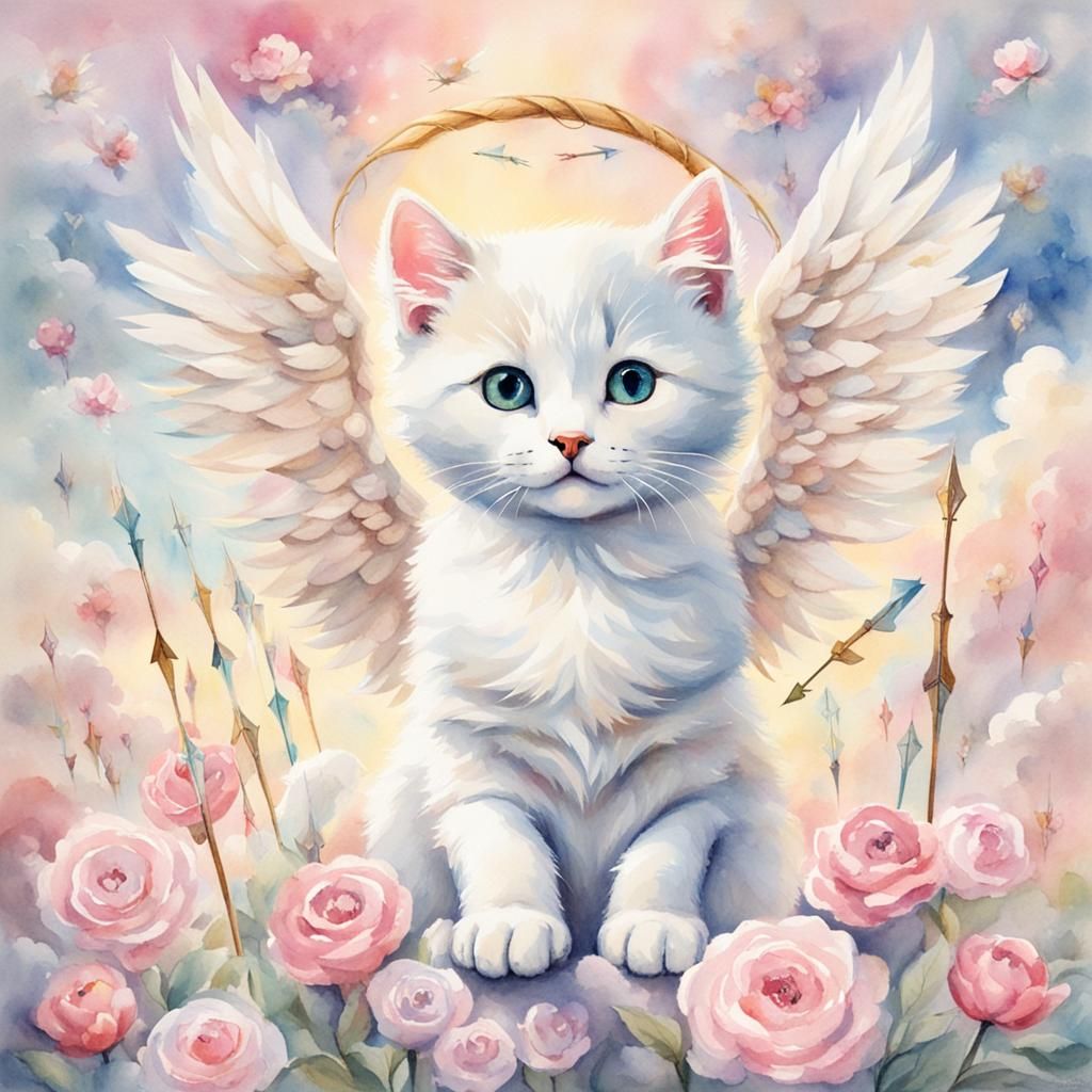 Romantic Kitten Cupid in Watercolor Painting