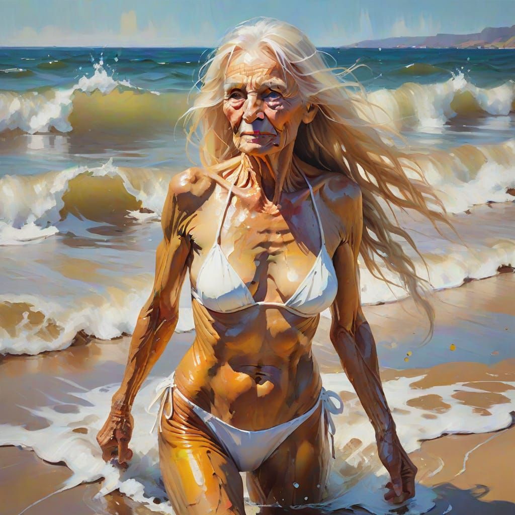 Elegant Transvestite Emerges from the Sea in Vibrant Oil Pai...