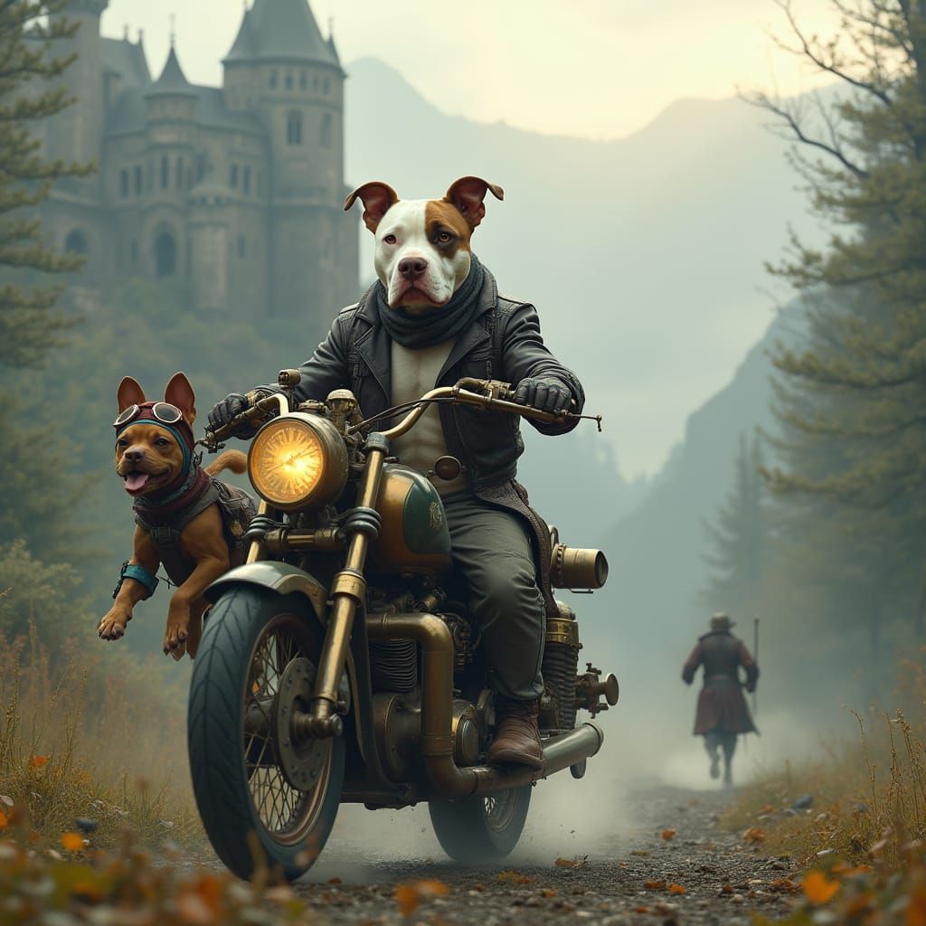 Pitbulls on Motorcycle at Scottish Castle