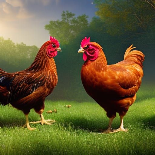 Rhode Island Reds in a Sunny Garden Painting