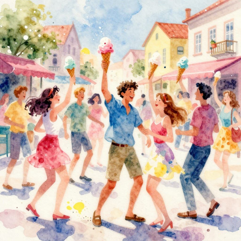 Joyful Watercolor Scene of People Celebrating with Ice Cream