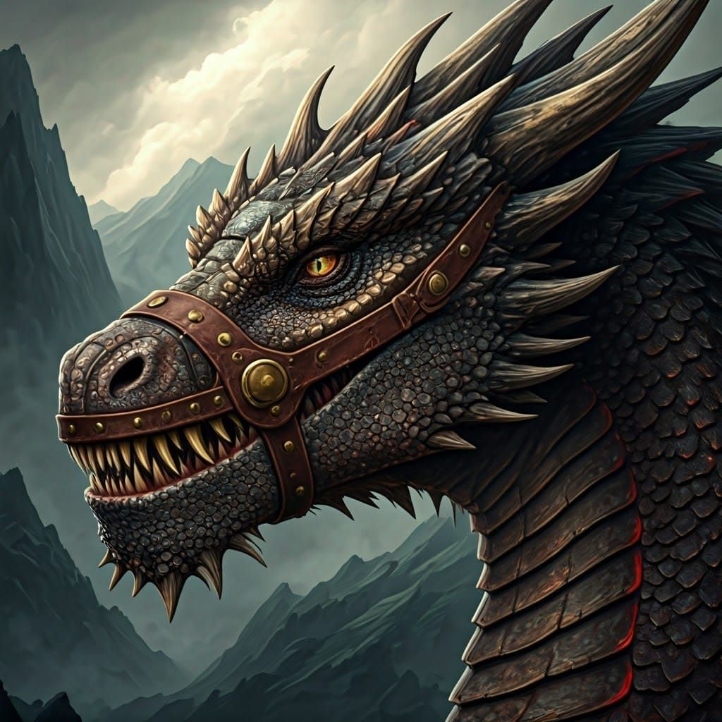 Muzzled Dragon in Atmospheric Fantasy Landscape