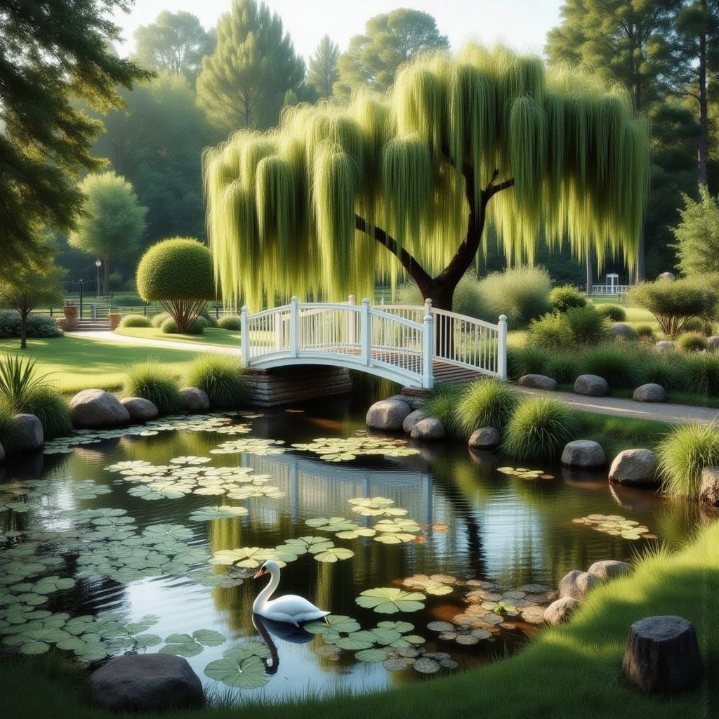 Romantic Park with Swans, Watercolor Style