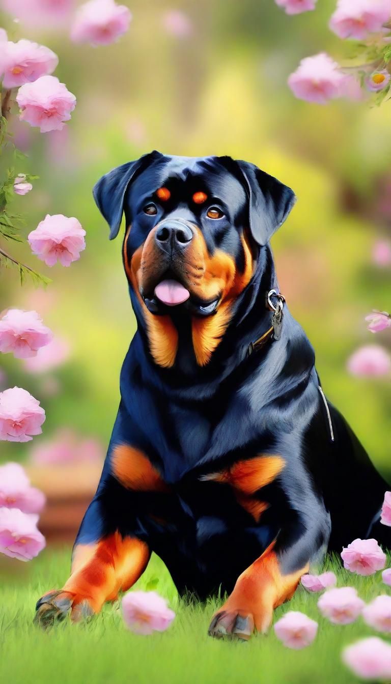Rottweiler in Spring Garden Oil Painting