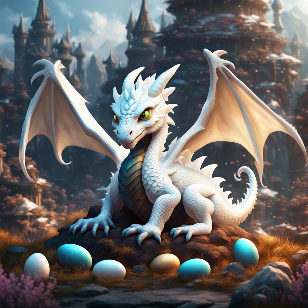 Cute White Dragon Hugging Eggs: Fantasy Art