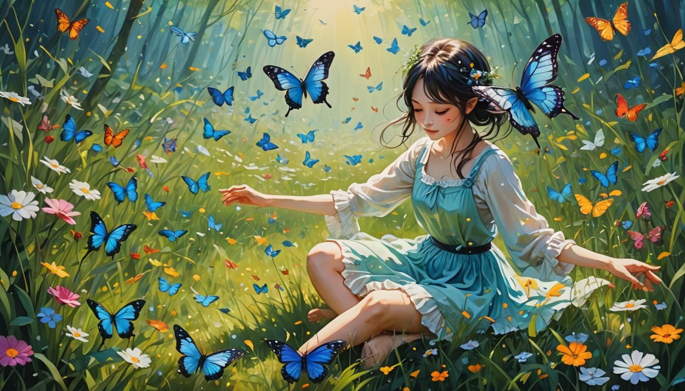 Woman with Butterfly in Rainbow Fantasy Art