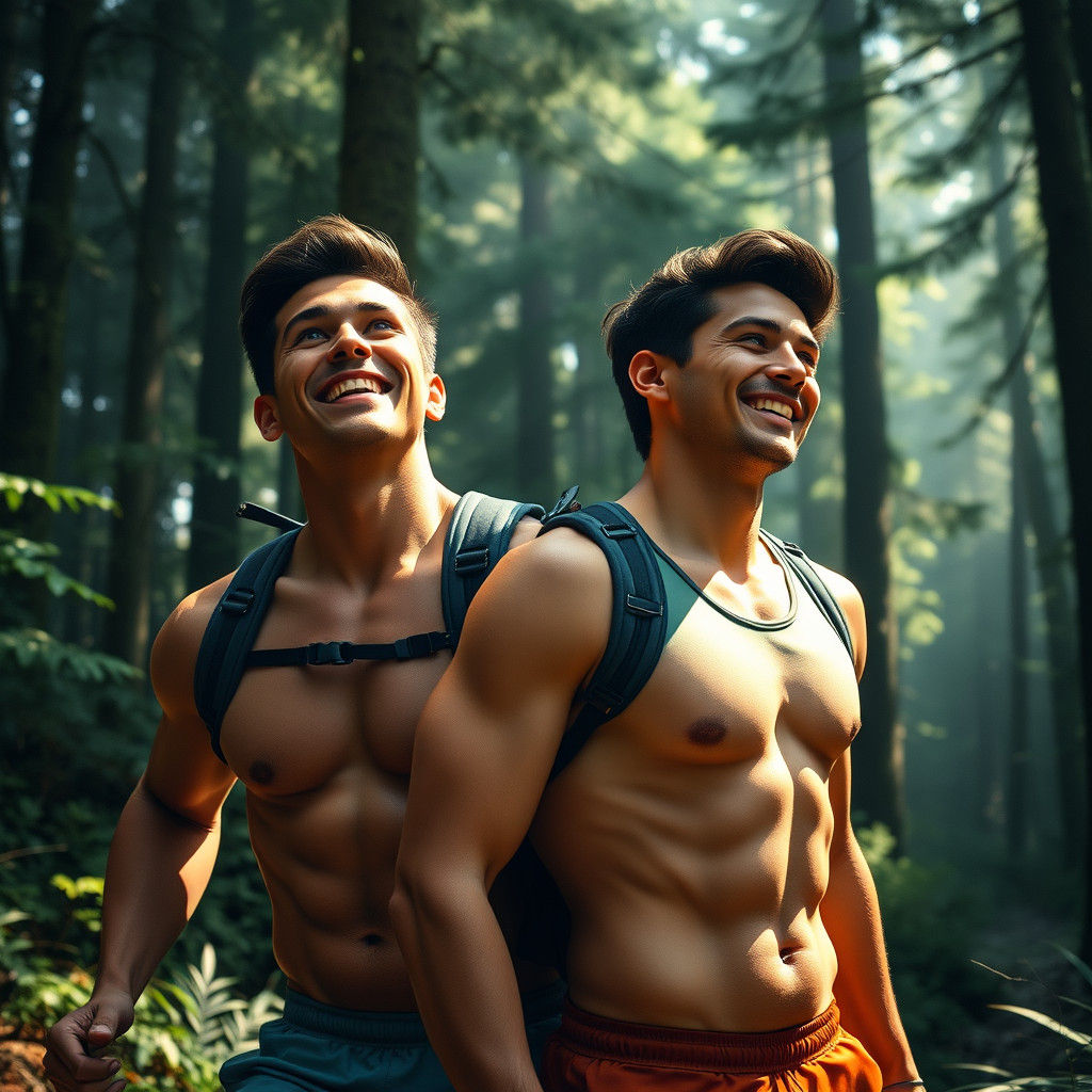 Gay Couple Hiking in Pacific Northwest Forest