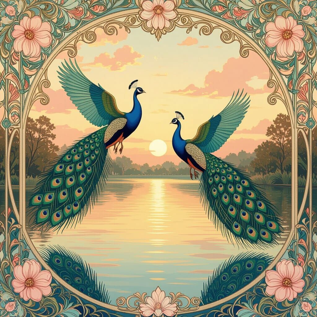 Peacocks Ascending from Lake in Baroque Style