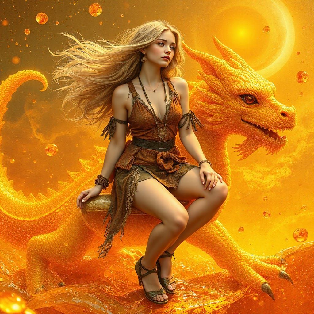 Woman on Gummy Dragon in Effervescent Soda Sea