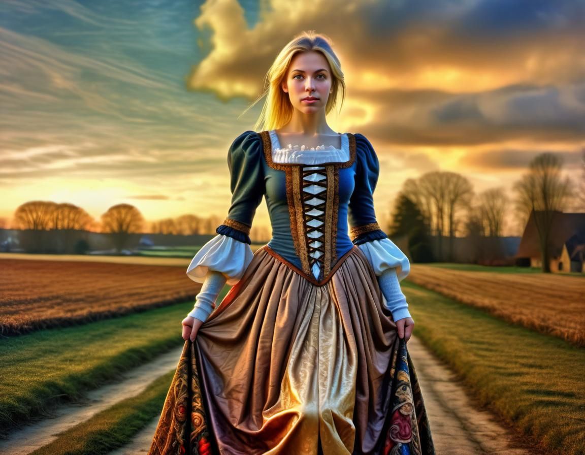 Renaissance Woman in Winter Fields: Oil Painting