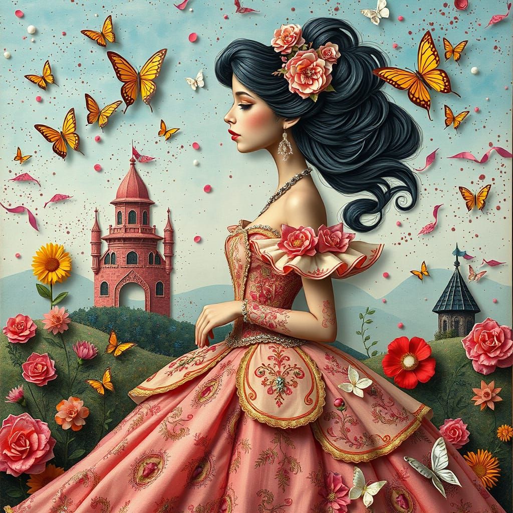 Woman in Gown Amidst Surreal Kirigami