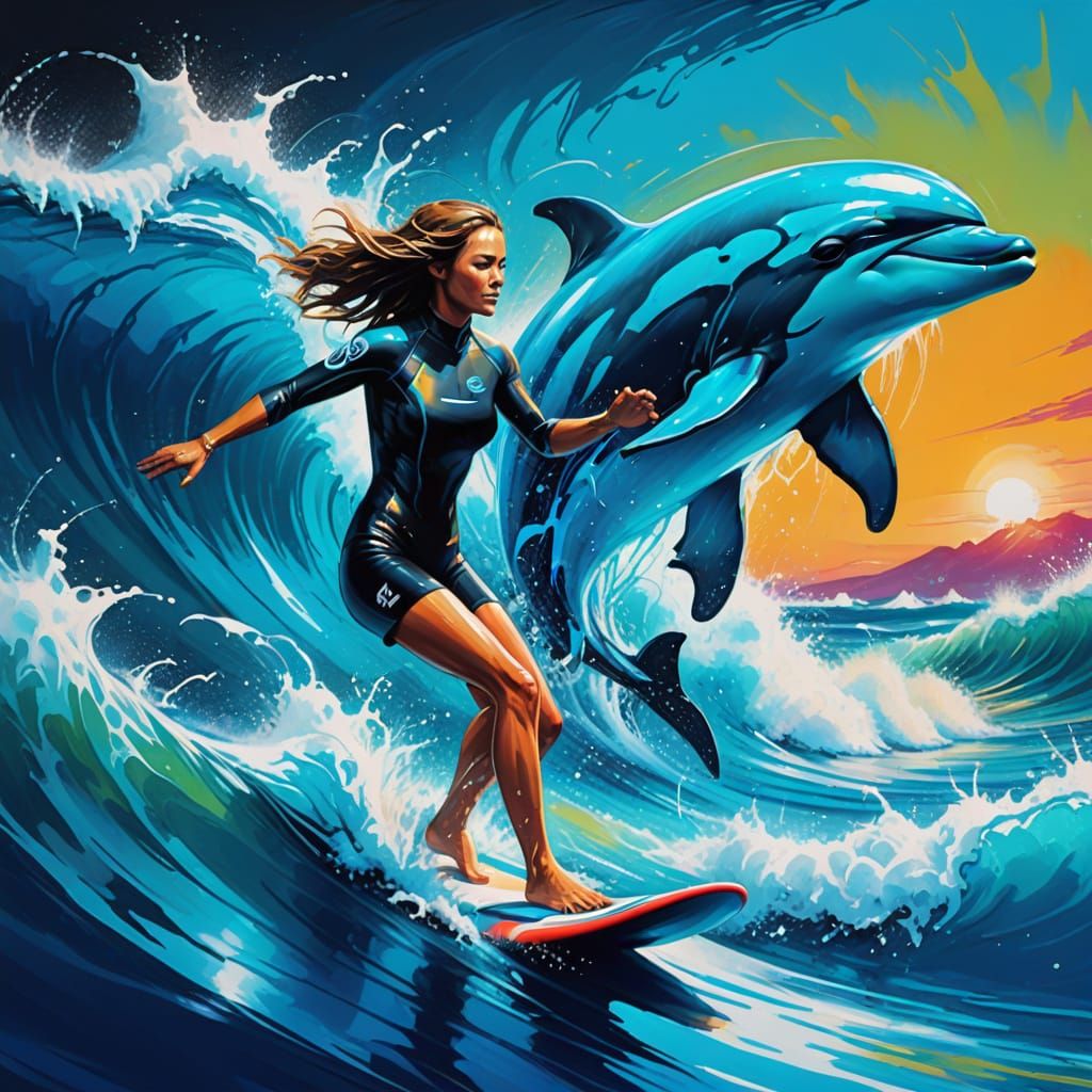 Neon Goddess Rides Electric Waves