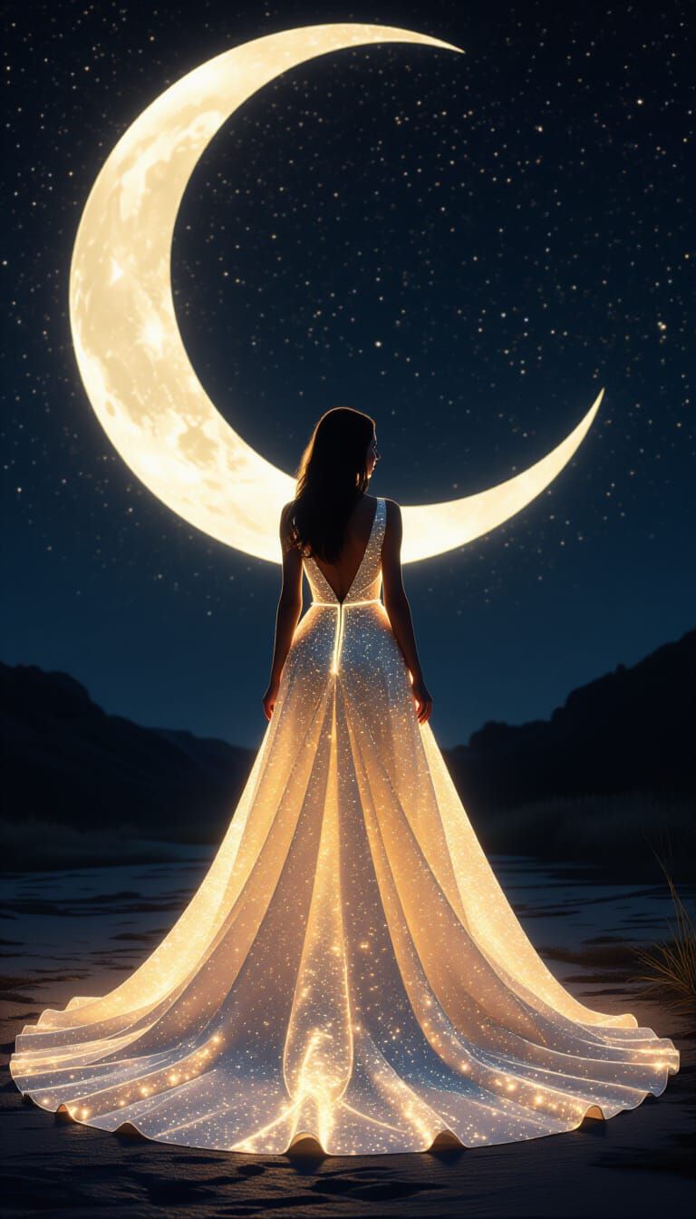 Woman in Shimmering Gown Under Giant Moon