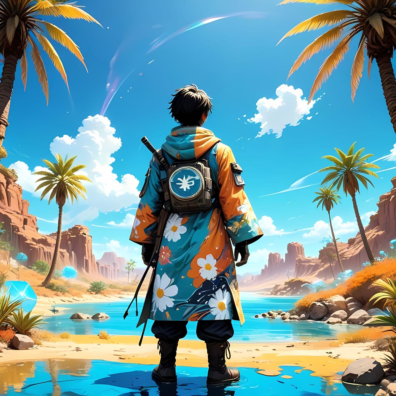 Futuristic Mercenary in Retro Anime Oasis