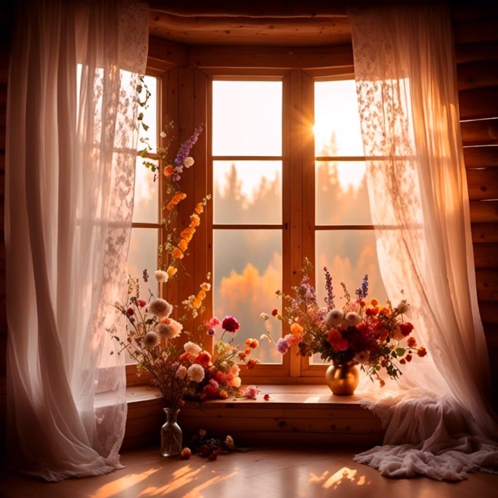 Cozy Wooden Room with Golden Light and Flowers
