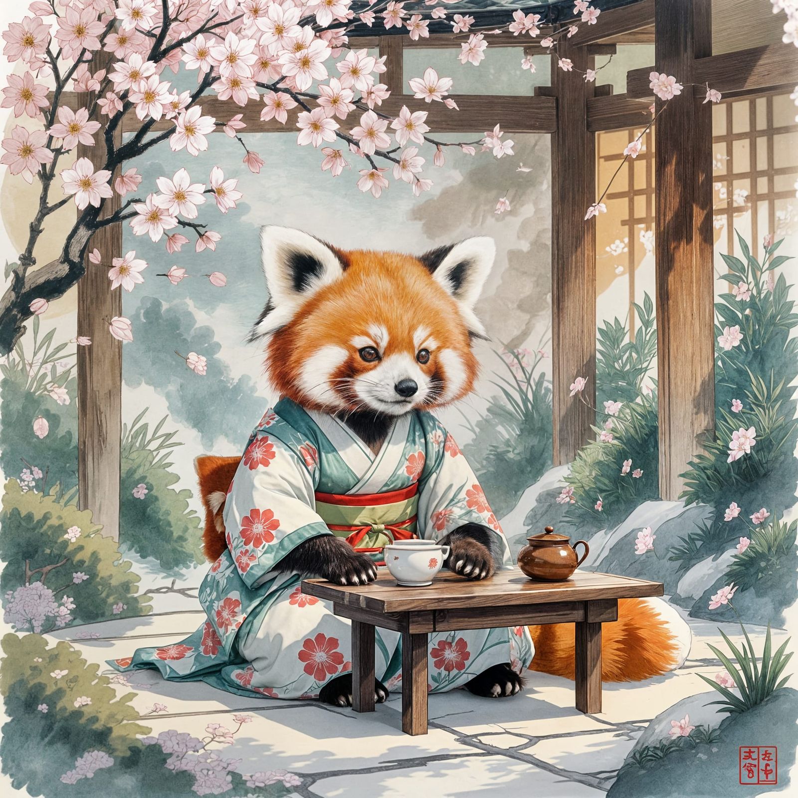 Red Panda in Kimono at Japanese Tea Ceremony