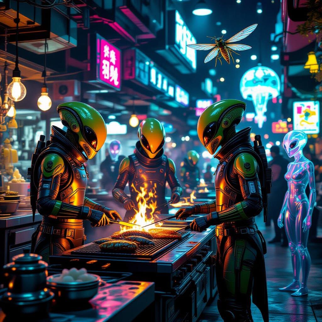 Alien Chefs Grill Giant Insects in Futuristic Market