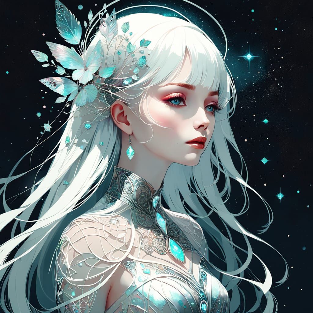 Magical female guardian of the forest made up of millions of glittering stars by Harry Clarke, Agnes Cecile, Erte, and R...