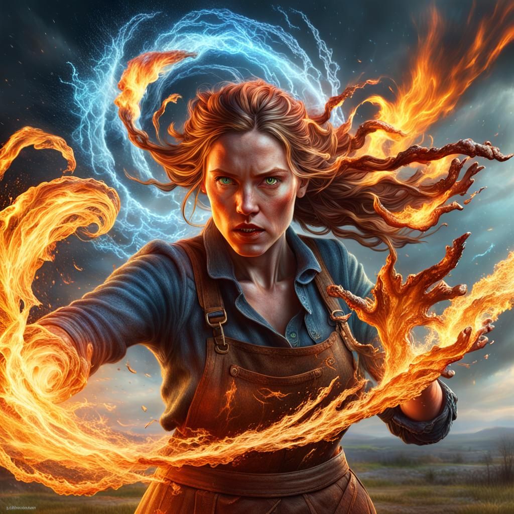 Wizard Farmer Girl Wielding Fire and Ice Tornado