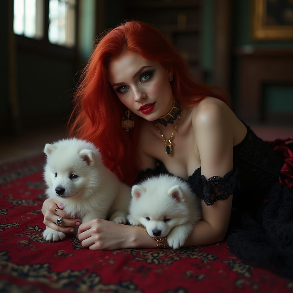 Vampiress Portrait with Samoyed Puppies in Gothic Setting