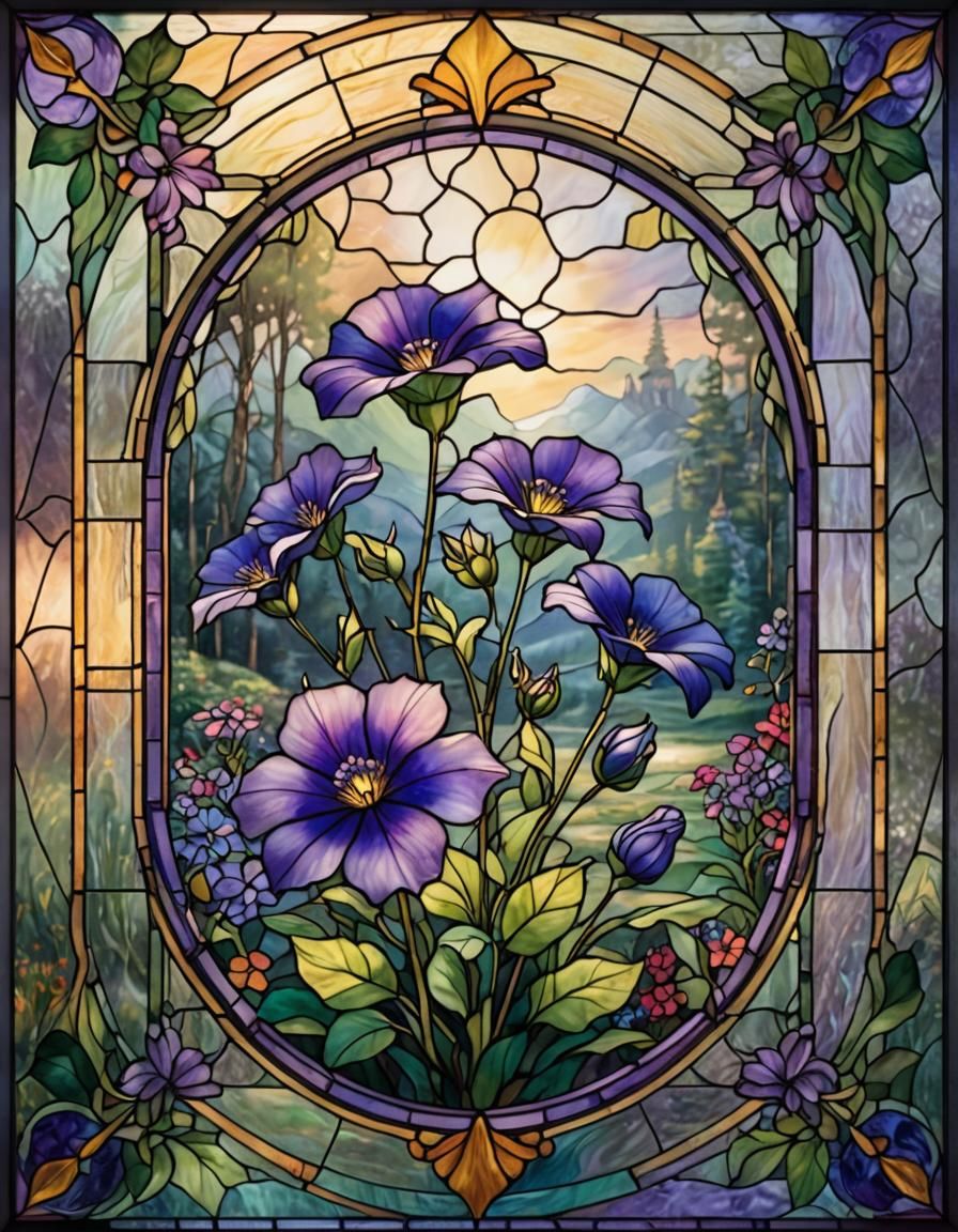 Vibrant Stained Glass Flower Fantasy Landscape