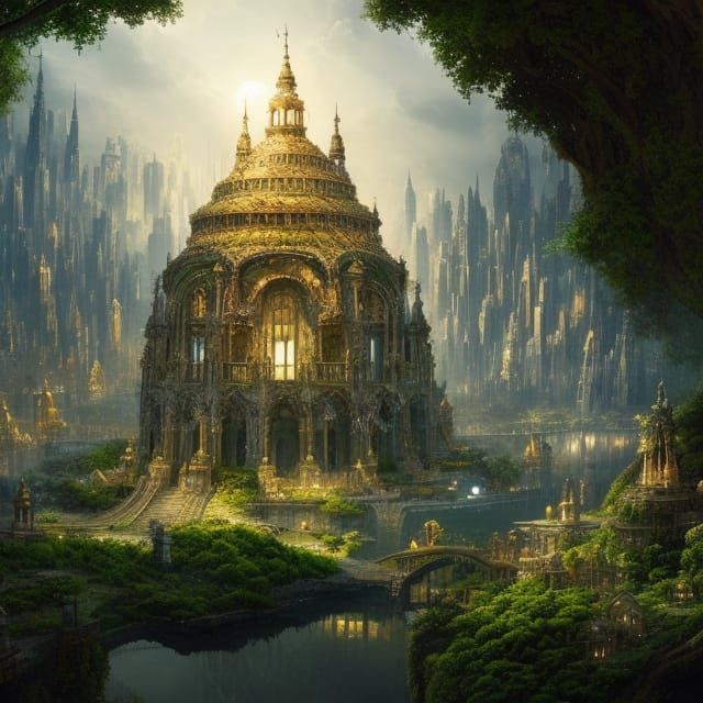 Utopian City of Light with Floating Gardens