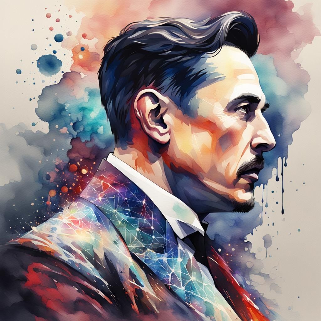 Watercolor profile painting of Tesla
